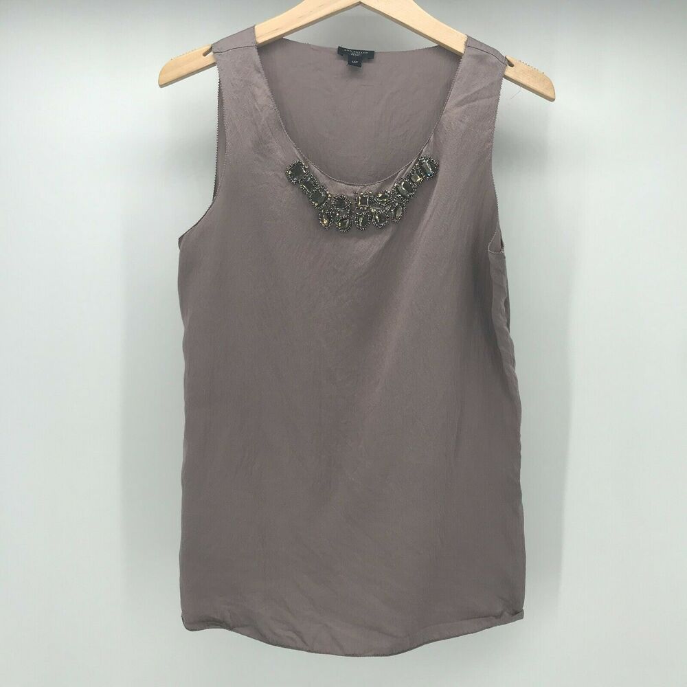 Ann Taylor Silk Tank Womens MP Medium Petite Brown Jeweled Neck Sleeveless